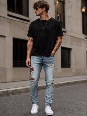 Golden distressed snake roses embroidered mens jeans